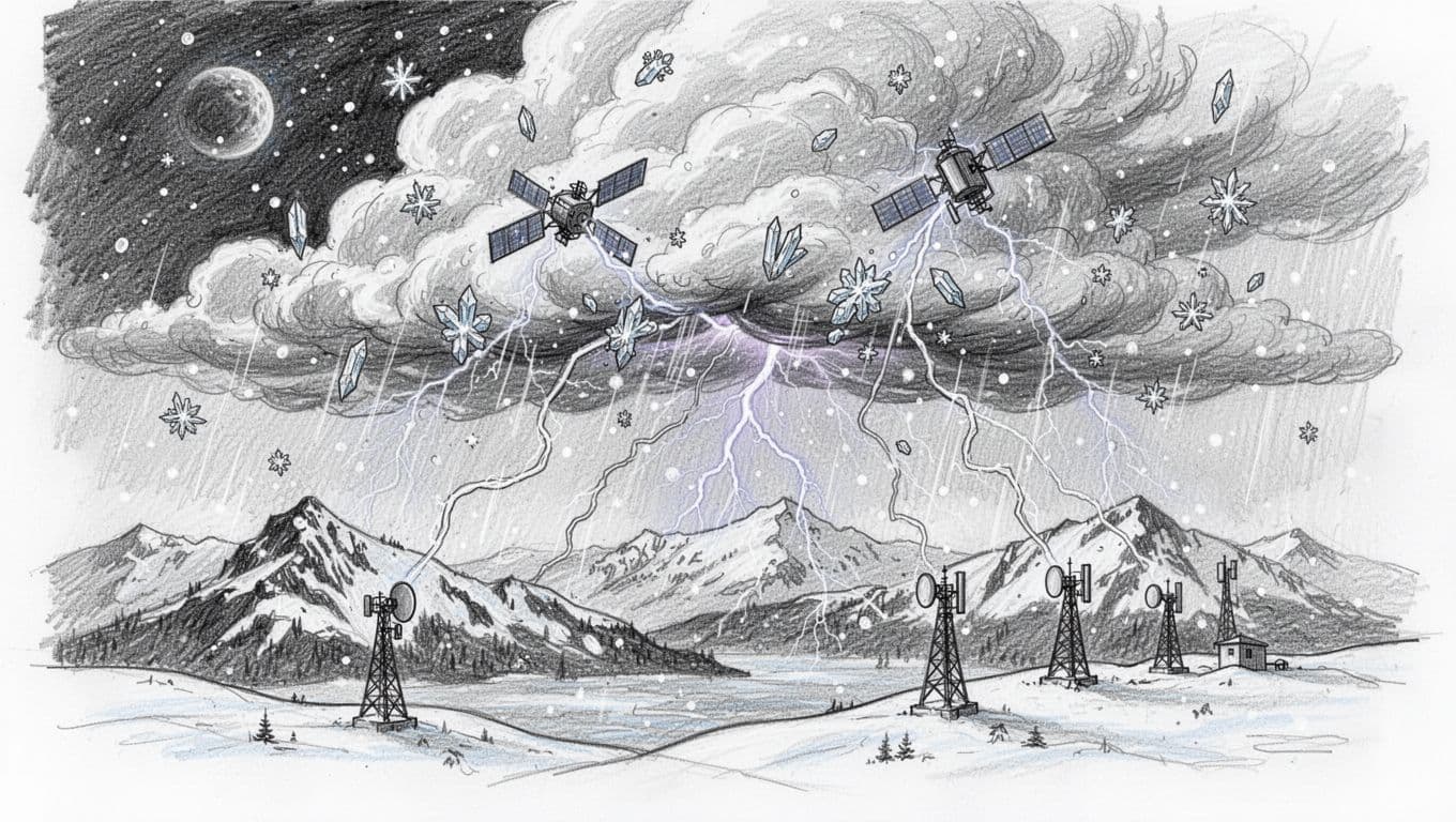 Massive storm clouds over Alaskan rugged mountains with thundersnow, ice crystals, and heavy precipitation scattering satellite signals as broken wavy lines from space to ground stations. Hand-drawn graphite sketch style with light shading on clean white paper background.