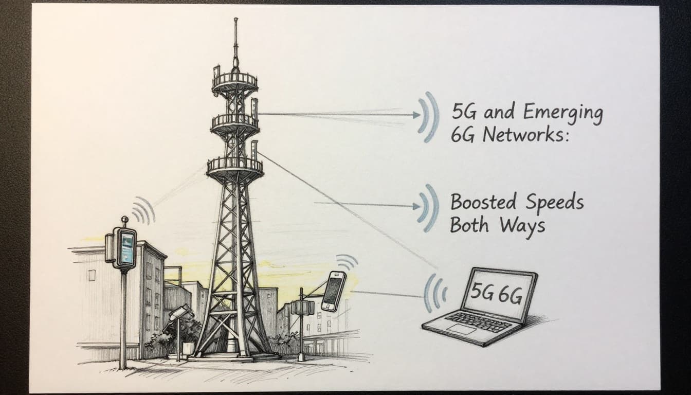 Hand-drawn graphite sketch of a future 6G cell tower in an urban street at dusk, emitting mmWave beams to a phone and laptop for VR upload and download, signals shown as waves on white paper.