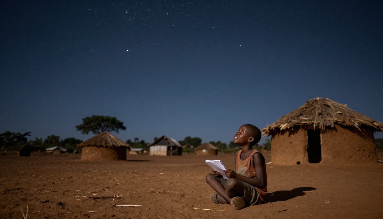 A young child sits on the ground outside a simple mud hut in a rural African village, looking up at a starry night sky featuring satellite trails, holding a small notebook with a hopeful expression.