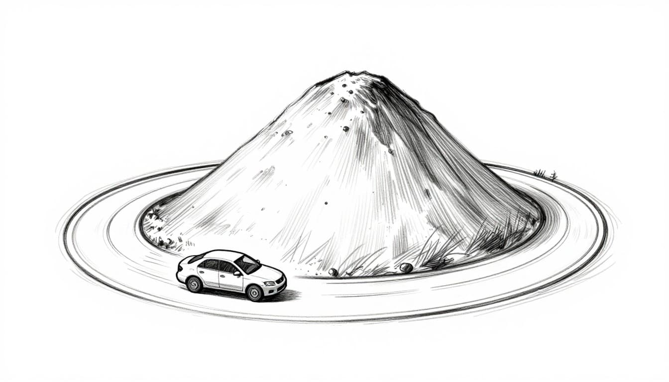 Overhead hand-drawn sketch of a car speeding clockwise on a narrow circular road around a steep conical hill peak, with speed lines showing motion and centrifugal force countering downward gravity.
