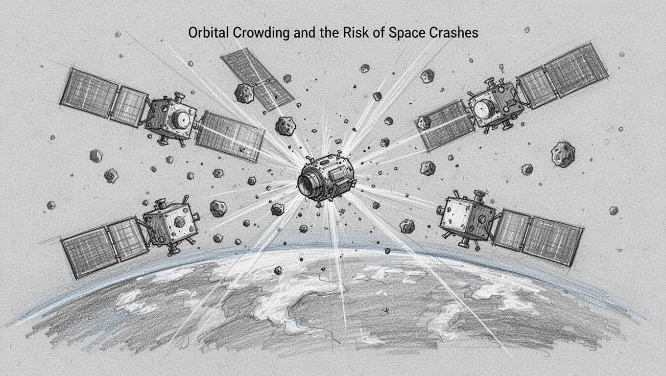 Hand-drawn sketch of crowded low Earth orbit with five satellites clustered closely, small debris nearby, one near-collision highlighted by proximity lines, and Earth's curve below.