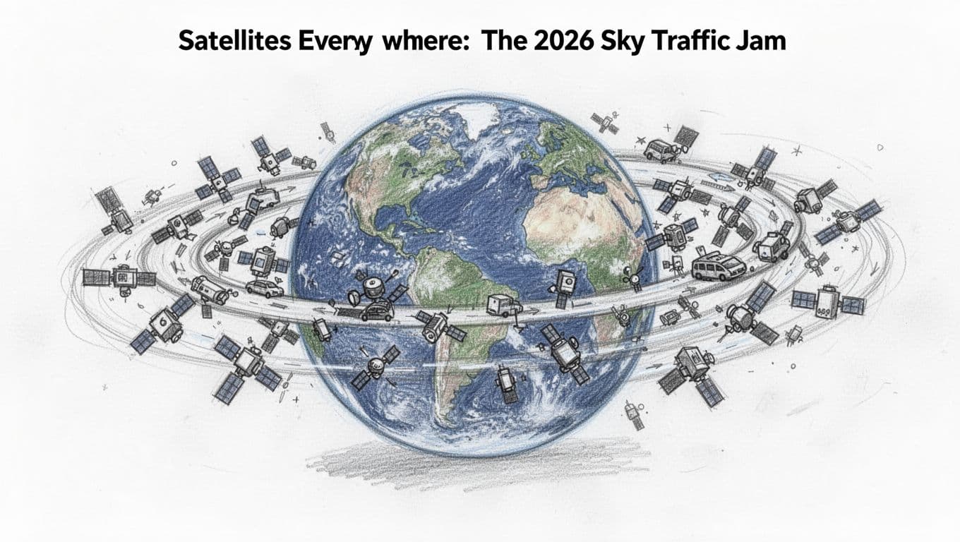 Side view of Earth with a dense swarm of dozens of small satellites crowding and overlapping in low Earth orbit around the equator, paths curving like a busy traffic jam, in cohesive hand-drawn graphite sketch style.