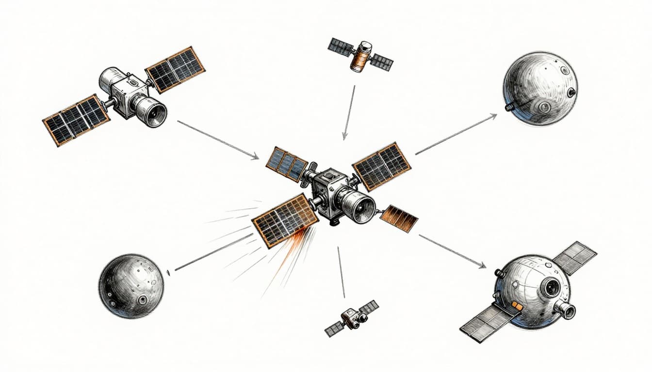 Hand-drawn sketch of crowded low Earth orbit featuring exactly 20 satellites emitting crossing radio signal waves that clash in frequency bands, with one satellite displaying an interference glitch, in graphite linework style on white background.