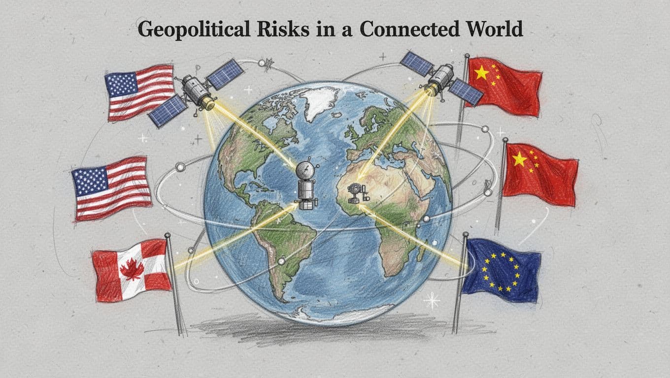 Hand-drawn sketch of Earth globe with orbiting satellites, flags of countries like US, China, and Europe indicating geopolitical tensions, connected by secure beams.