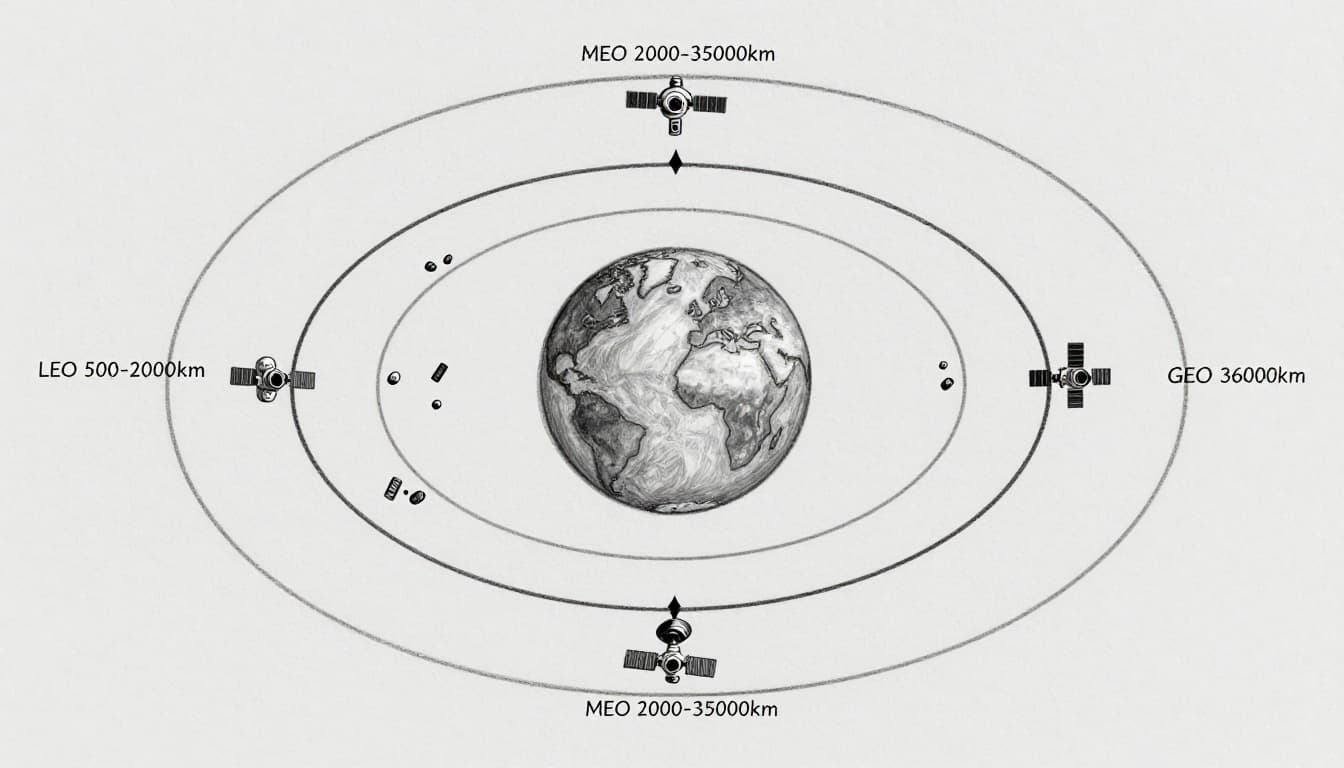 Hand-drawn sketch diagram of Earth with three orbits: LEO (500-2000km) cluster, MEO (2000-35000km) ring, GEO (36000km) geostationary satellites, labeled distances and scale arrows.