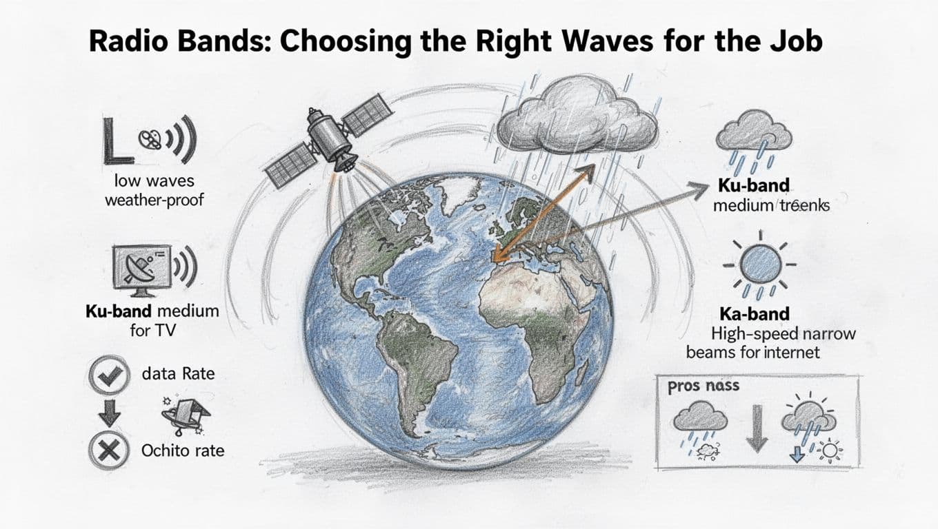 Hand-drawn graphite sketch on white background depicting Earth with satellite signals in L-band (weather-proof), Ku-band (TV), and Ka-band (high-speed internet), including a rain cloud affecting higher bands and icons for pros like data rates and weather symbols.