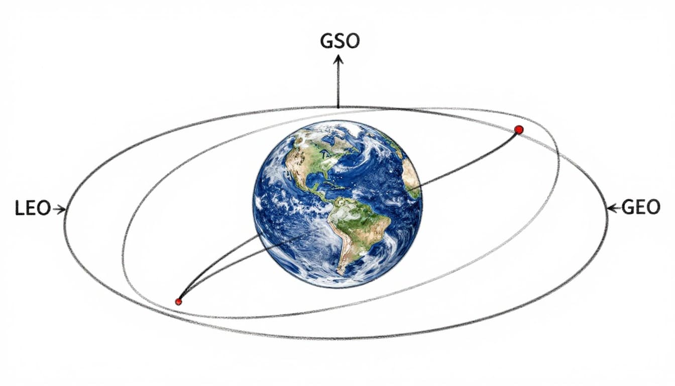 Hand-drawn sketch illustrating satellite orbits: thin LEO fast circles near Earth's surface, medium GSO figure-8 inclined path, and thick GEO equatorial circle in fixed position.