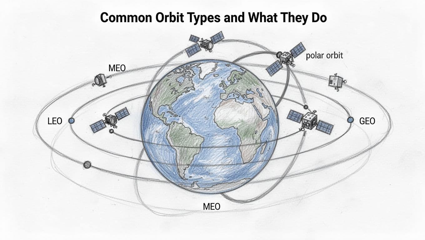 Hand-drawn graphite sketch of Earth in side view displaying LEO, MEO, GEO, and polar orbital paths, each with one satellite, using light shading and simple linework on a clean white background.