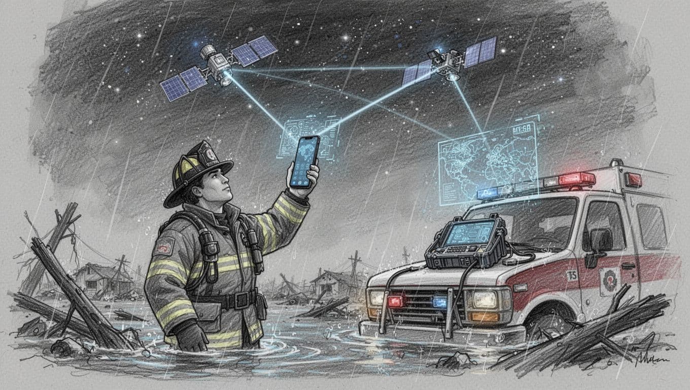 Hand-drawn sketch depicting an emergency responder using a smartphone for direct-to-satellite SOS in a flooded disaster scene, featuring LEO satellites with laser links and an AI holographic map.