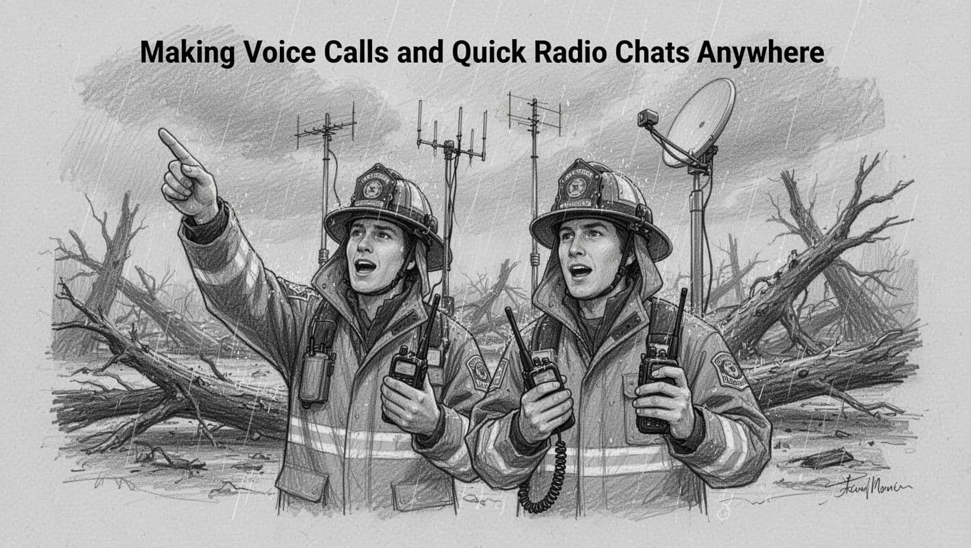 Hand-drawn monochromatic sketch of two emergency responders in rain gear using a satellite phone and push-to-talk device, pointing antennas skyward in a stormy disaster background with fallen trees.