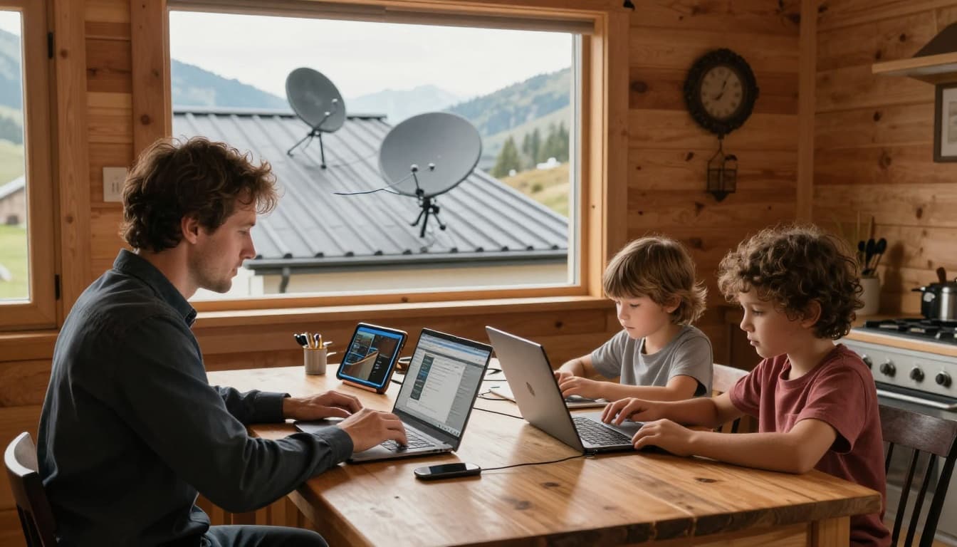 A cozy family of one parent and two kids in a remote mountain cabin connects laptops and tablets via rooftop satellite dish for online learning and work, with wood walls, natural daylight, and warm lighting.