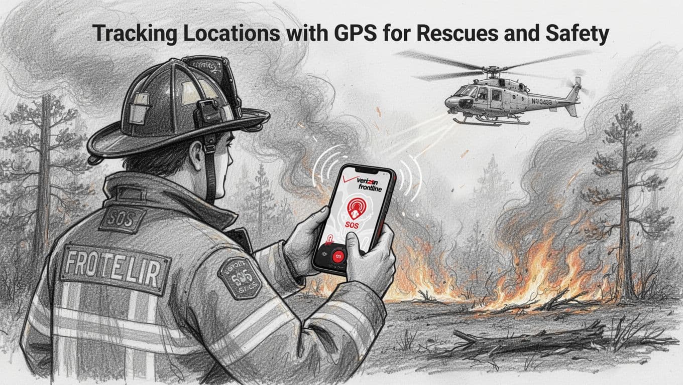 Hand-drawn monochromatic sketch of a firefighter using a GPS SOS device on a smartphone to send location in a smoky wildfire area, with a rescue helicopter approaching.