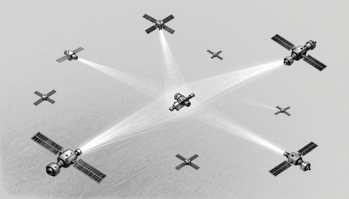 Hand-drawn monochrome sketch of a dozen small satellites clustered in orbit around Earth, featuring propulsion trails and communication beams linking them, implying advanced miniaturized technology.