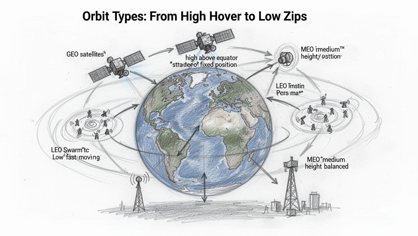 Hand-drawn graphite sketch on white background showing Earth with one GEO satellite in fixed equatorial orbit, LEO swarm in low fast-moving passes, and MEO satellite at medium height, including coverage footprints, signal paths to ground stations, motion arrows, and light shading.