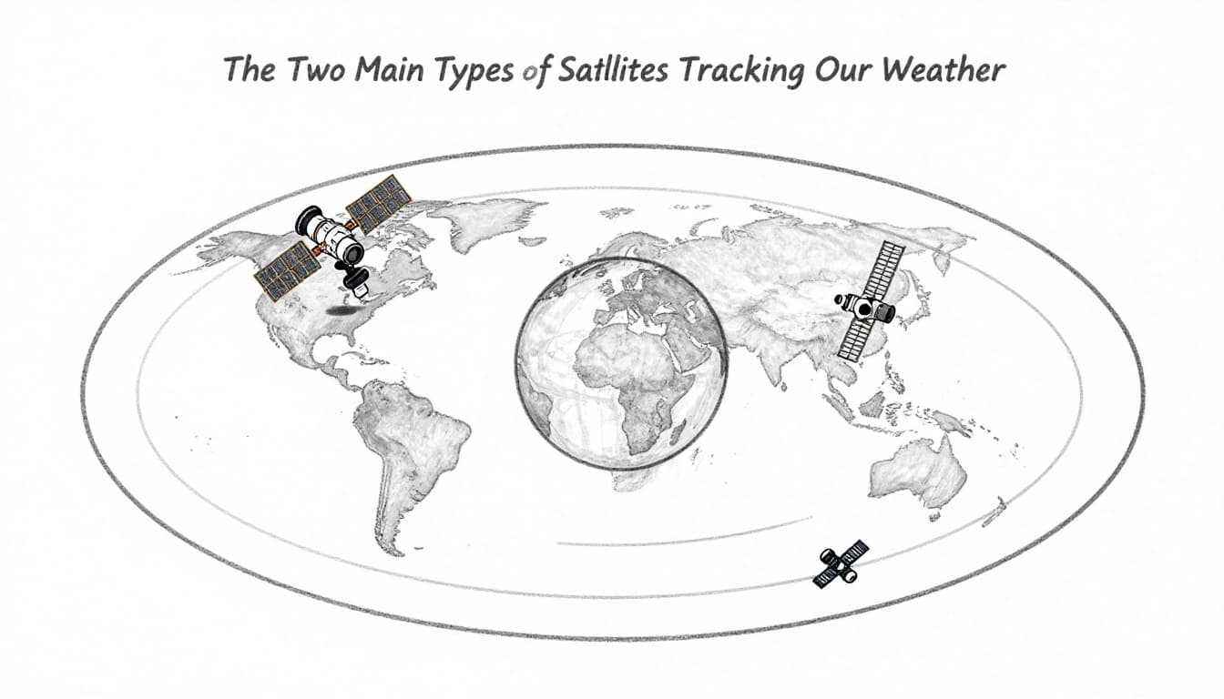 Hand-drawn diagram of Earth showing geostationary satellites fixed over the equator above North America and polar-orbiting satellites passing over the poles with illustrated orbit paths.
