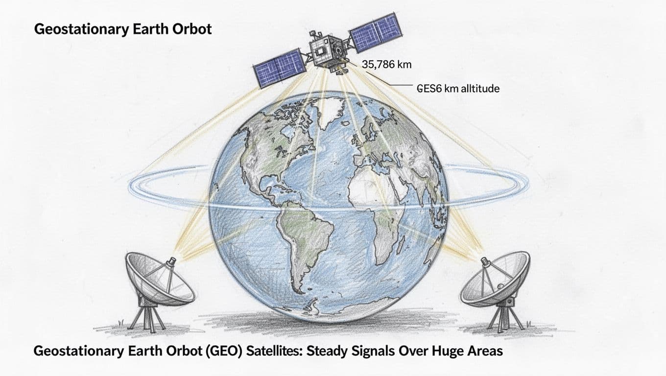 Hand-drawn sketch of Earth globe with a single GEO satellite stationary above the equator at 35,786 km, beaming wide signals to cover a large continental area like North America, received by two ground dish antennas, on clean white background.