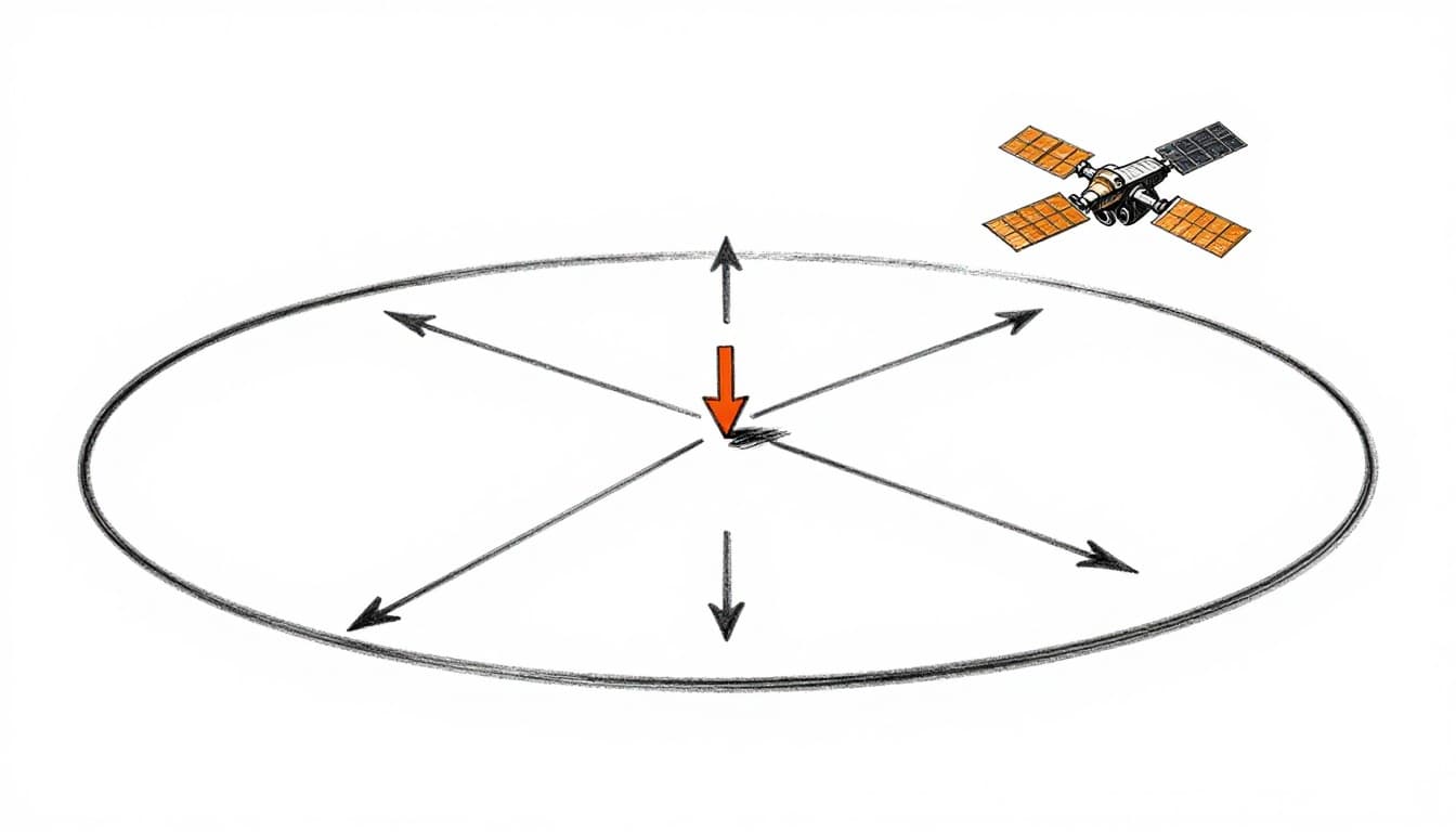 Hand-drawn sketch of Earth rotating from space with a single geostationary satellite fixed over the equator, arrows depicting downward gravity and outward centrifugal forces balancing in circular orbit, equatorial plane line, graphite linework and light shading on white background.