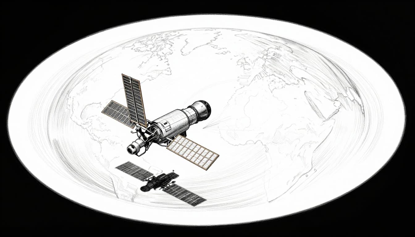 Hand-drawn graphite sketch of a single large satellite stationary high above Earth in geostationary orbit, with a full view of one hemisphere, planet below appearing small with full view of one hemisphere, stationary position implied, hand-drawn sketch style with graphite linework, light shading, clean white paper background, no color fills, exactly one satellite, no people, no text, no logos.