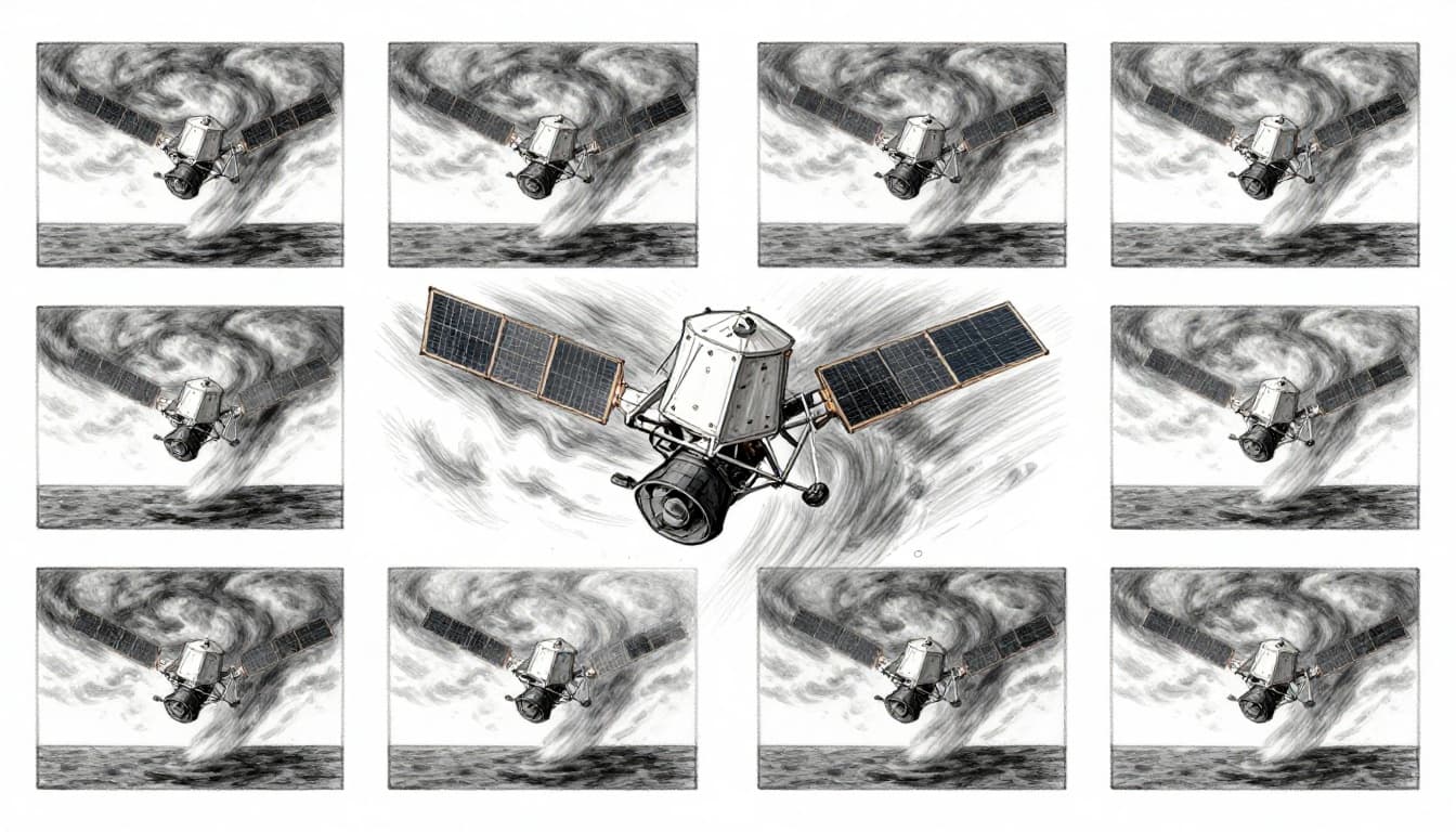 Hand-drawn graphite sketch of a geostationary satellite hovering over storm clouds above the ocean, with multiple frames implying rapid real-time image sequence for dynamic storm monitoring.