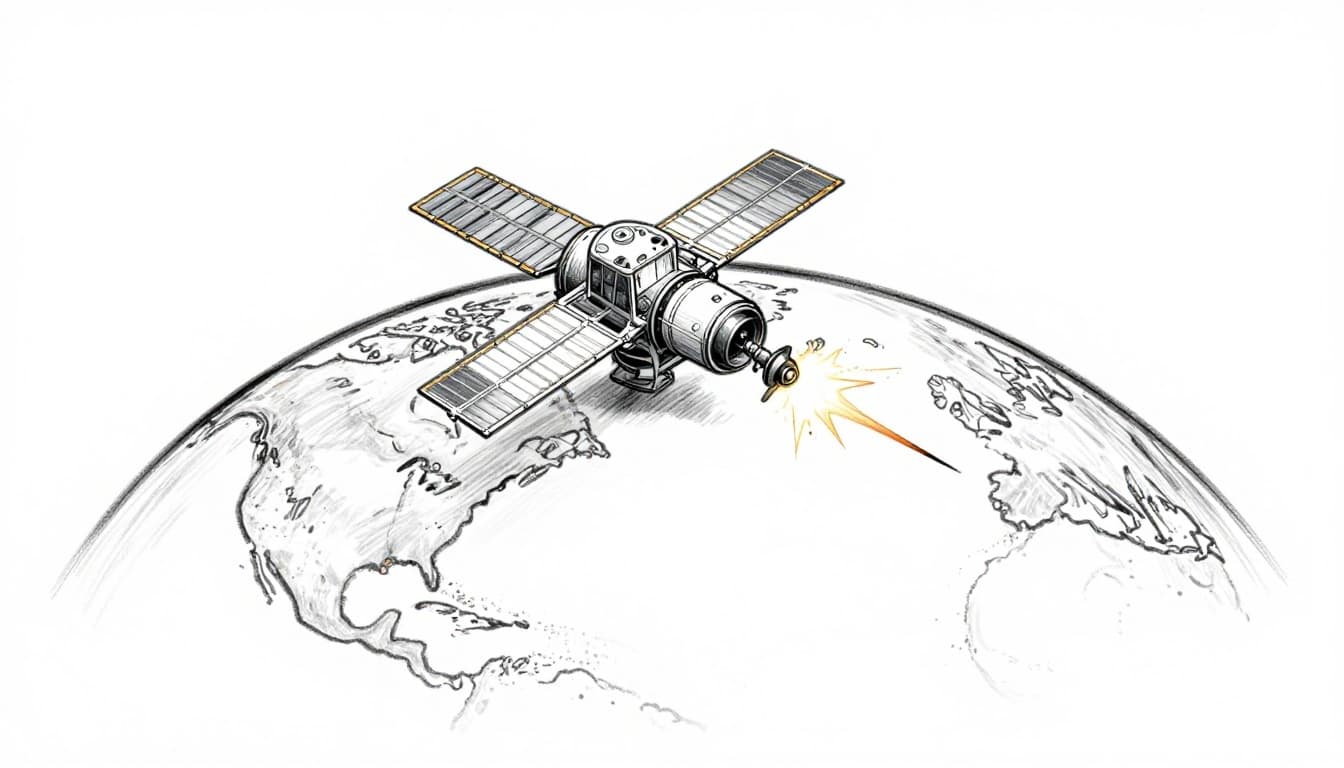 Geostationary satellite with small thruster firing tiny burst to adjust position, slight drift arrow corrected back to slot over Earth equator. Hand-drawn sketch style with graphite linework, light shading, clean white background.