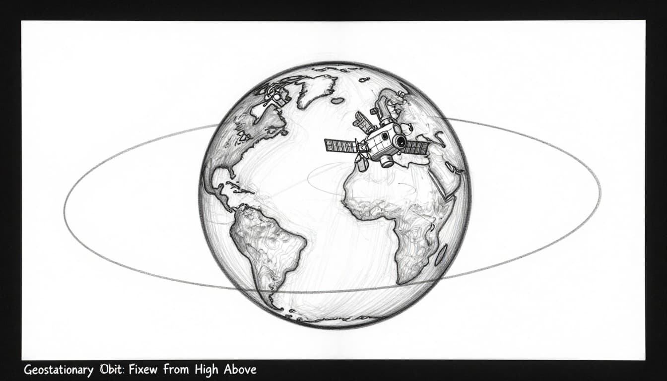 Hand-drawn graphite sketch of a geostationary satellite high above the equator, appearing stationary over one spot on curved Earth with a simple orbital ring.