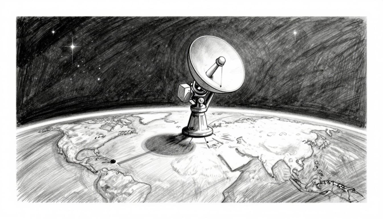 Hand-drawn graphite sketch of a geostationary satellite hovering fixed above an equatorial point on Earth, with a ground antenna pointed directly at it, showing clear orbit height under starry night sky.