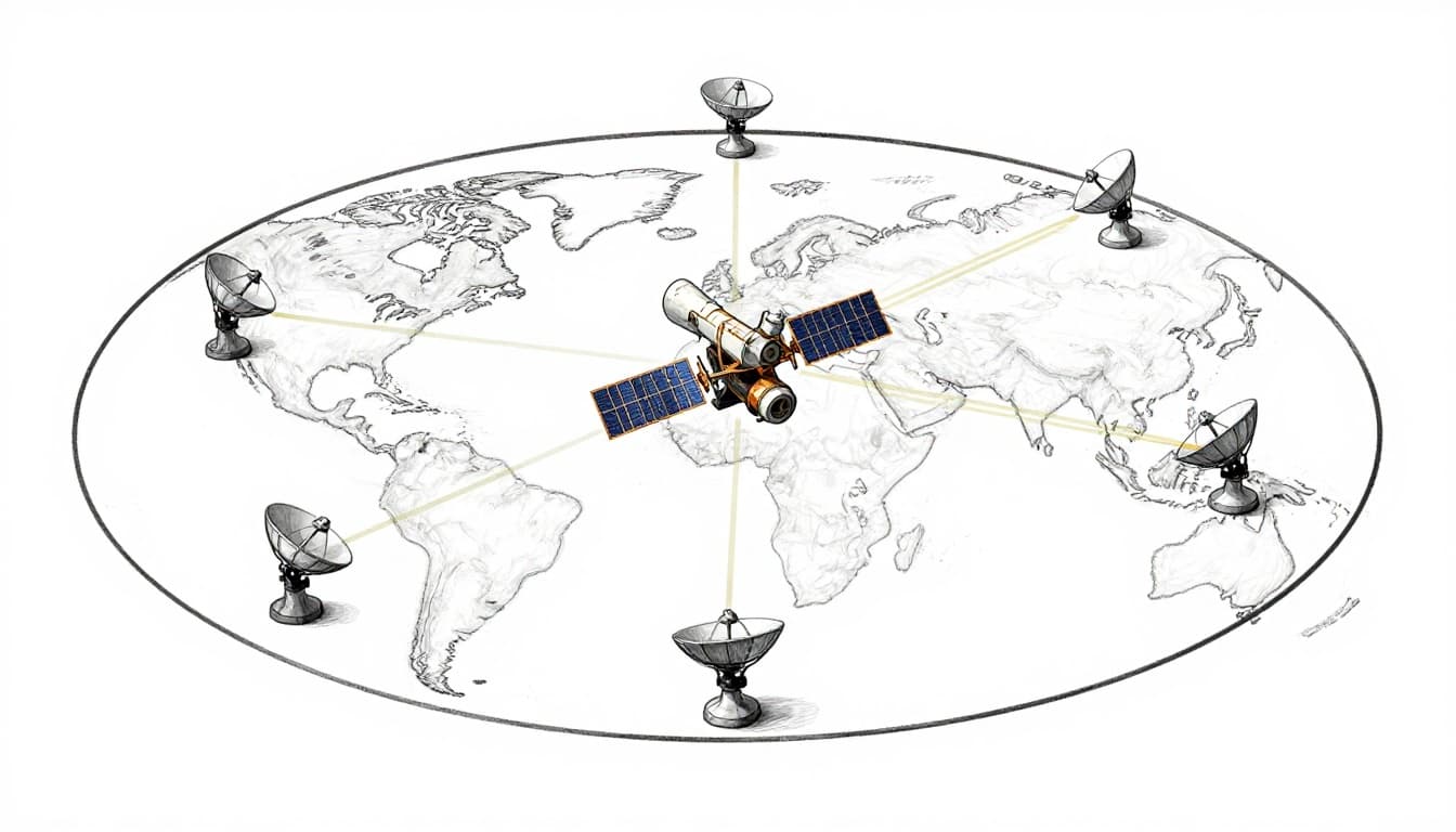 Hand-drawn sketch of a geostationary satellite in space with transponder beams downlinking TV signals to Earth dishes below, illustrating frequency shift and partial orbit path around Earth. Features graphite linework, light shading, clean white background.