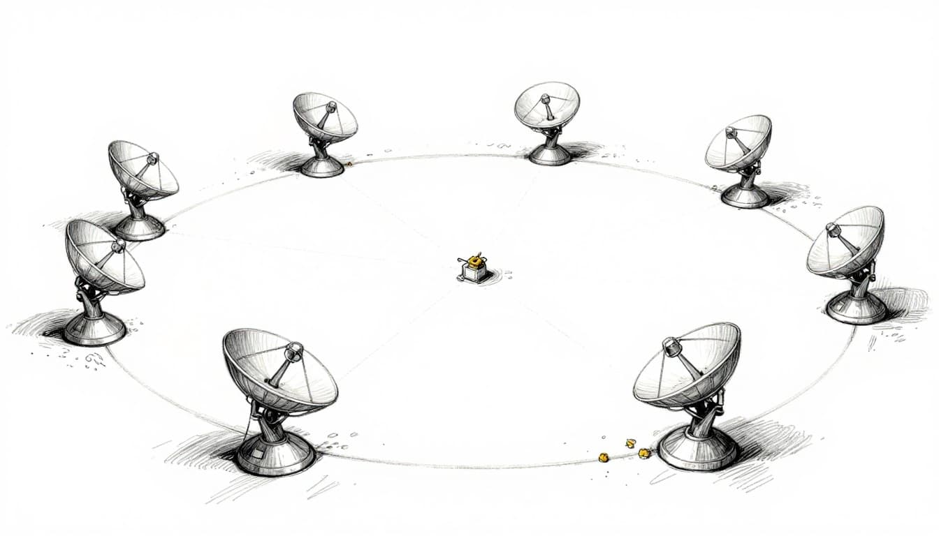 Hand-drawn sketch depicting a fleet of geostationary satellites over the Earth's equator arc, with ground antenna dishes pointed fixed at the sky and weather patterns visible.