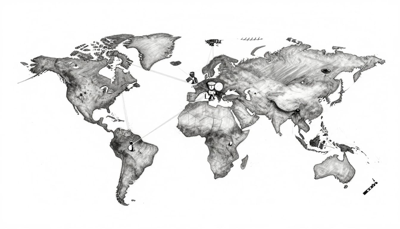 Hand-drawn graphite sketch showing a network of 5-6 ground stations around Earth connected by beams to an orbiting satellite constellation, viewed from space. Grayscale linework with light shading on clean white background, simplified icons, global map lines, no color, text, or people.