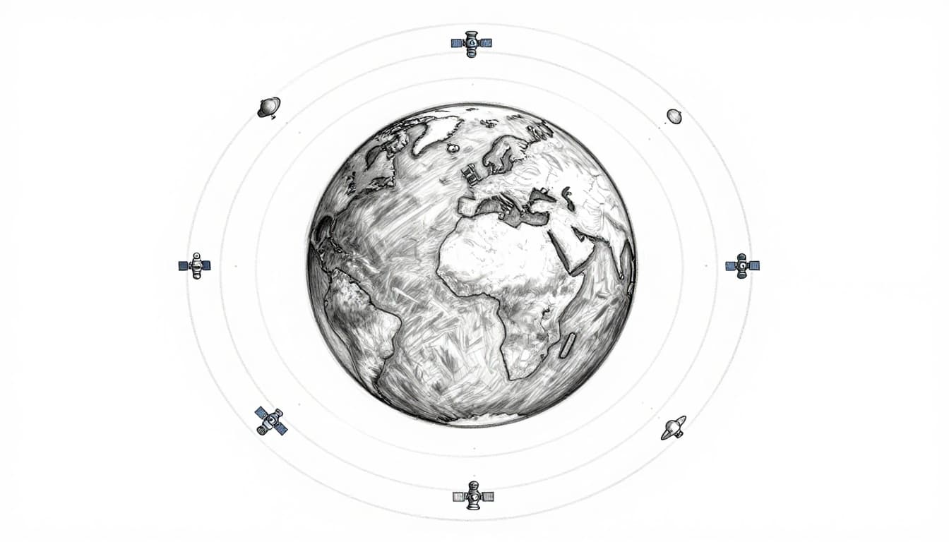 Hand-drawn sketch of Earth from space surrounded by exactly 31 satellite icons in six orbital planes at medium Earth orbit, with faint curved orbital paths and outlined continents on a clean white background.