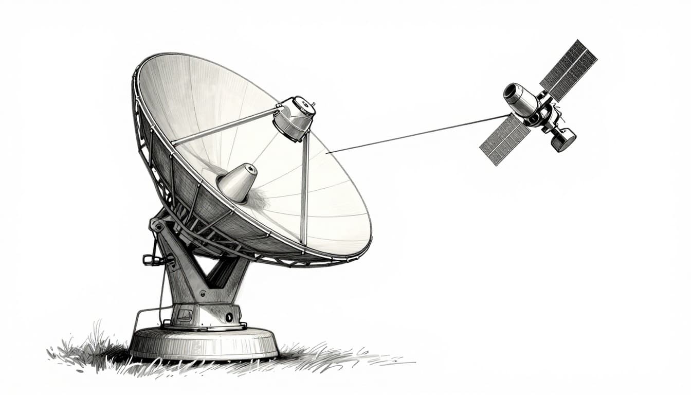 Hand-drawn sketch of a large parabolic satellite dish at a ground station under clear sky, precisely aimed upward with a narrow focused uplink beam extending to a distant satellite icon, side view showing dish structure and signal path.