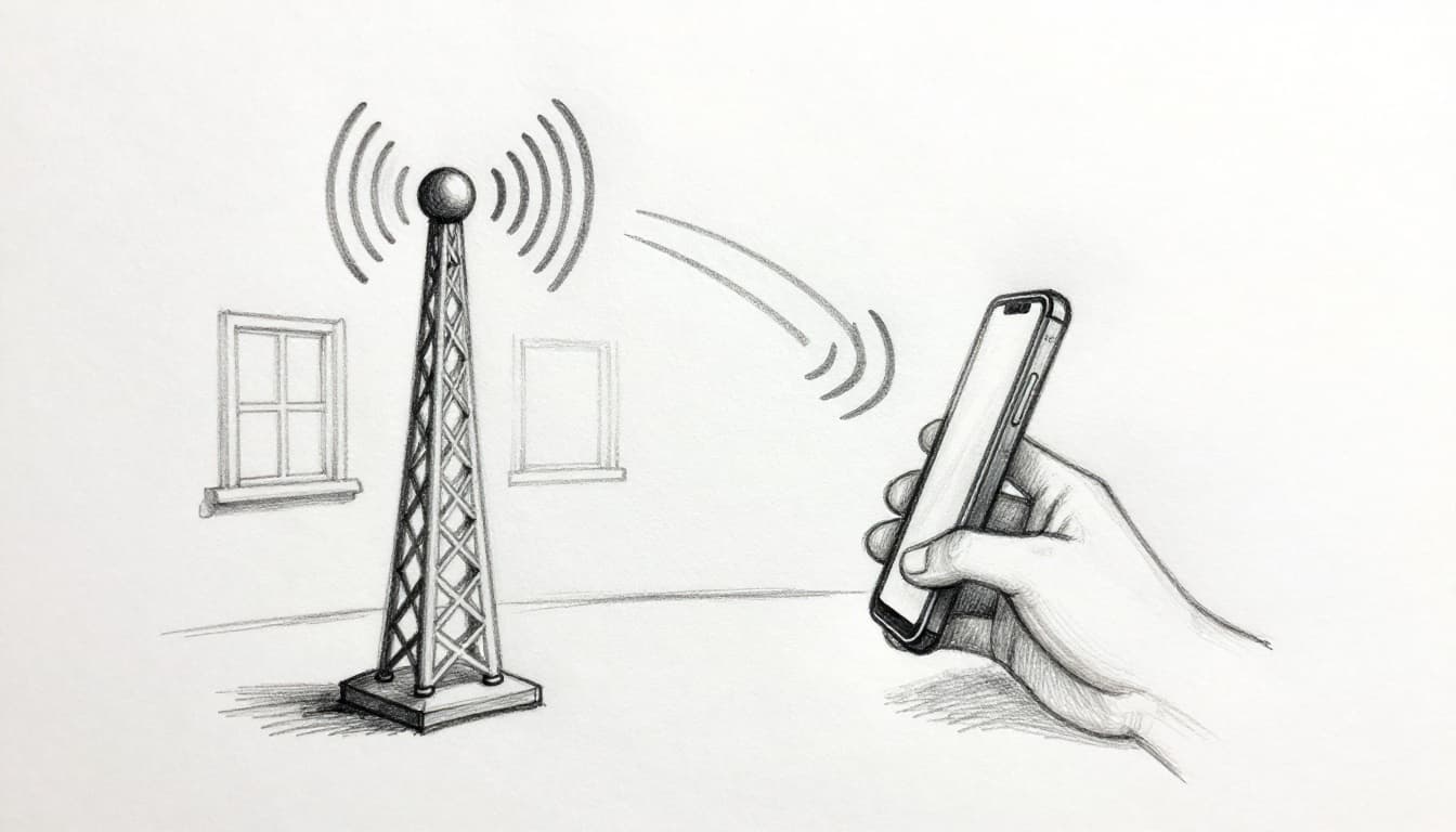 Graphite linework sketch on white paper showing a cell tower broadcasting downward signal waves to a smartphone on a home table, emphasizing signal flow with soft window light.
