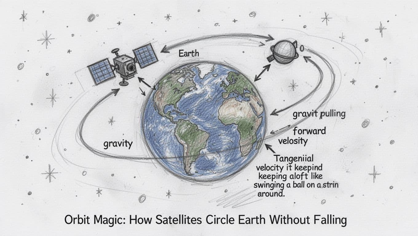 Hand-drawn graphite sketch of Earth with a satellite in circular orbit, arrows showing inward gravity pull and tangential velocity like a ball on a string, on a starry space background with light shading.