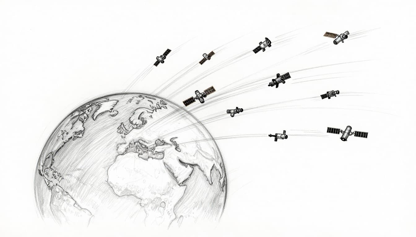 Hand-drawn graphite linework sketch on white paper showing 8-10 small satellites in low Earth orbit rapidly circling Earth, with dynamic motion lines for speed and overlapping footprints on the surface below.