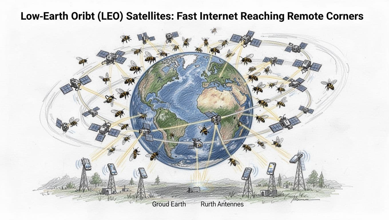 Hand-drawn graphite sketch of Earth encircled by a swarm of 30-50 small LEO satellites at 300-2000 km altitude, depicted like bees buzzing with curved orbital paths, motion lines, laser interlinks, and downlinks beaming fast internet to remote rural ground antennas and phones on a clean white background.