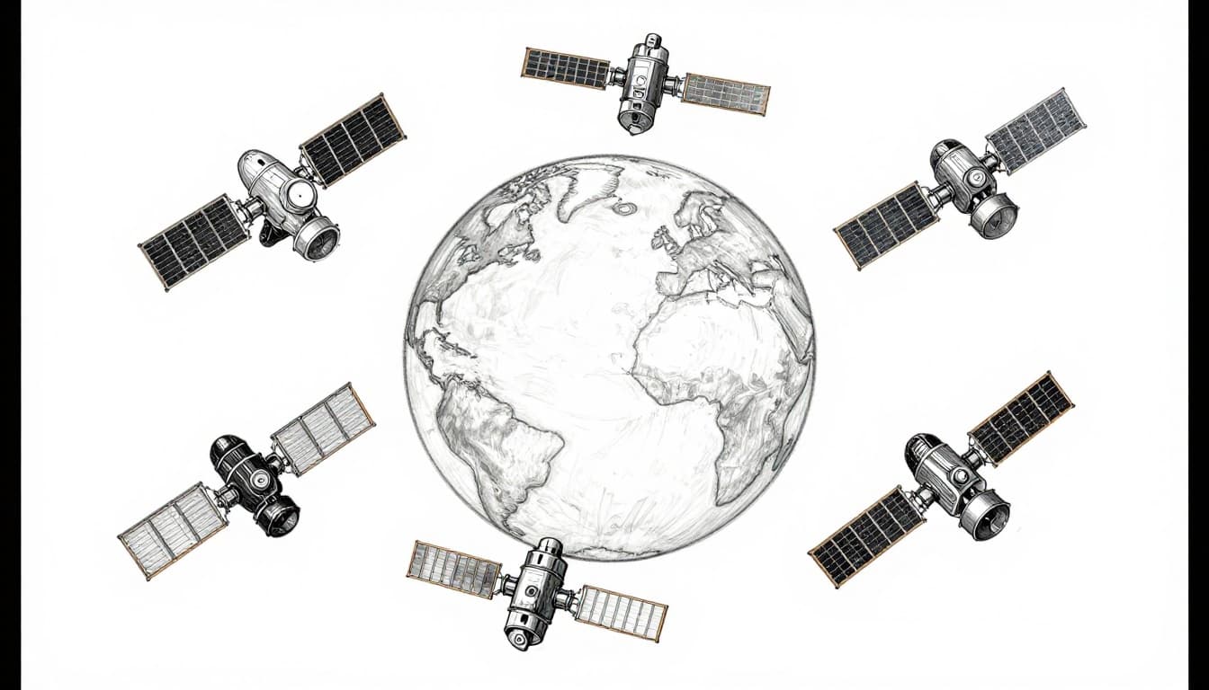 Hand-drawn graphite sketch of six medium Earth orbit satellites like the GPS constellation, evenly spaced around Earth for balanced global navigation coverage footprints.