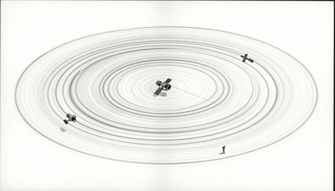 Hand-drawn sketch depicting Earth from space with a medium Earth orbit ring of GPS-like satellites evenly spaced, a lone ground observer tracking one slowly moving satellite with a phone under a subtle night sky, featuring simple orbital paths.