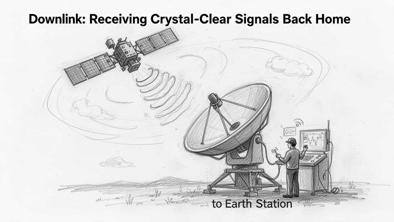 Hand-drawn graphite sketch of a satellite in orbit beaming wavy radio waves to a large dish ground station, with an operator decoding the signal. Light shading on clean white background, consistent article style.