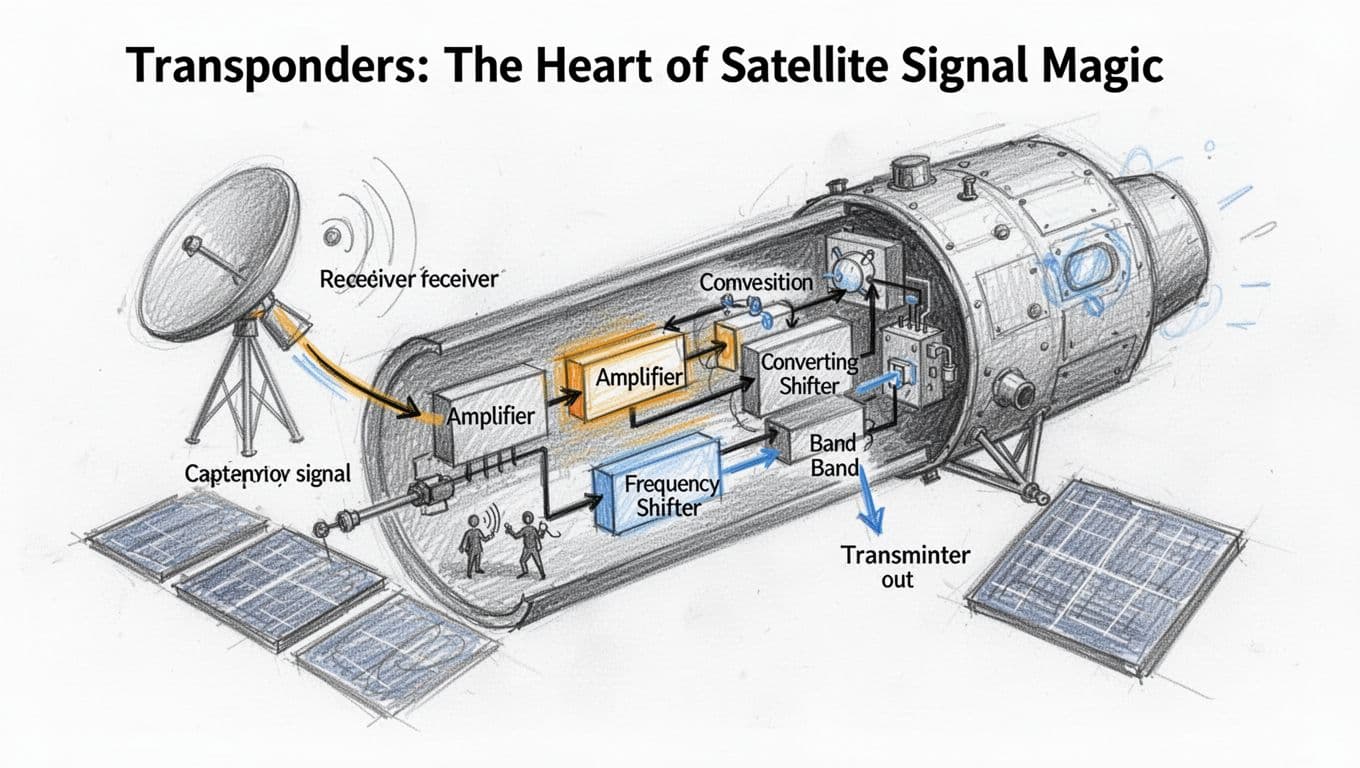 Hand-drawn graphite sketch of a satellite transponder's internals, featuring a cutaway view of the receiver antenna, amplifier, frequency shifter, and transmitter inside the satellite body.