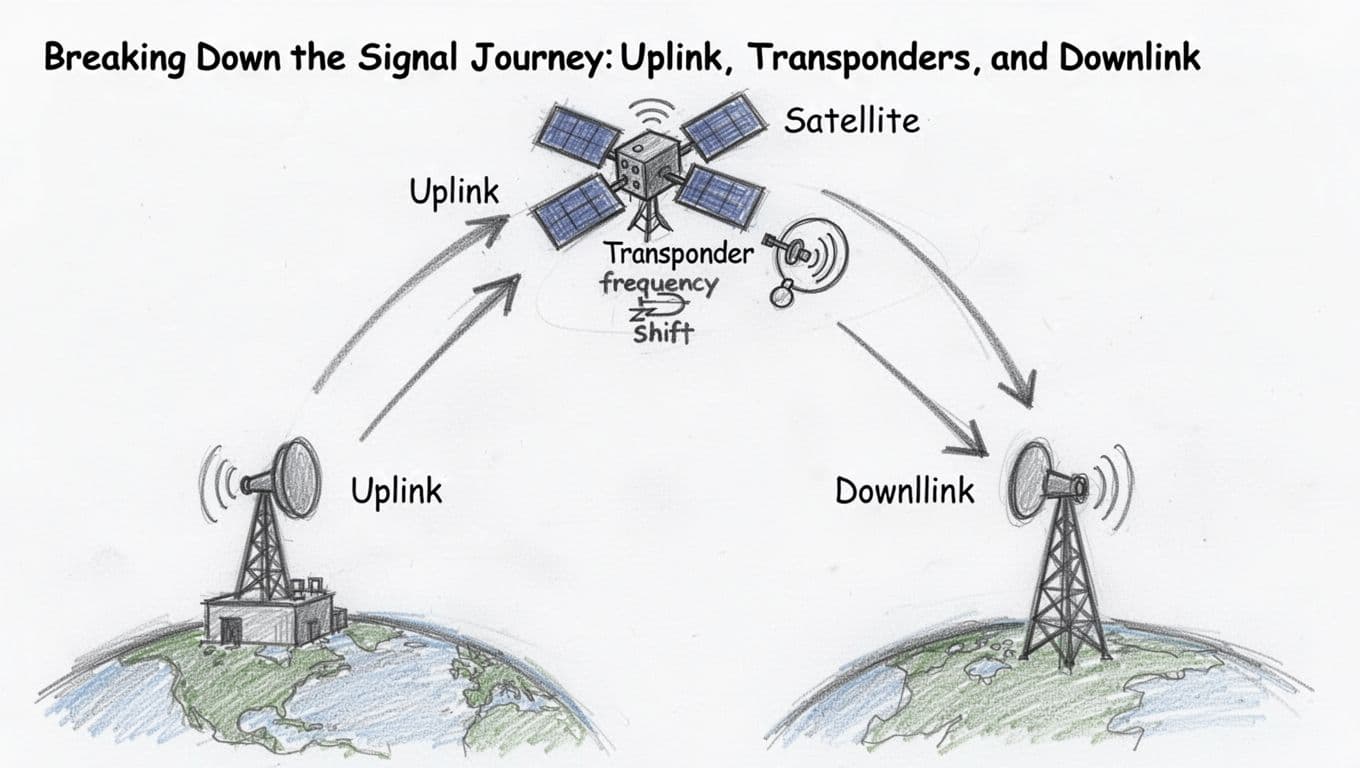 Hand-drawn sketch diagram showing the satellite signal journey: uplink from ground station to satellite transponder for processing, then downlink to receiving ground station. Features simple icons, arrows, and graphite linework on a clean white background.