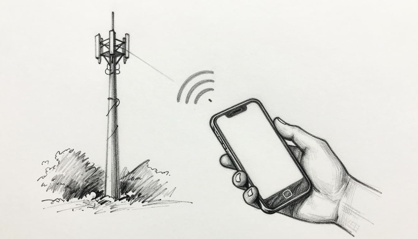 Hand-drawn graphite sketch of a hand holding a smartphone sending upward signal waves to a nearby cell tower in a suburban setting, focusing on the signal path with light shading on white paper.