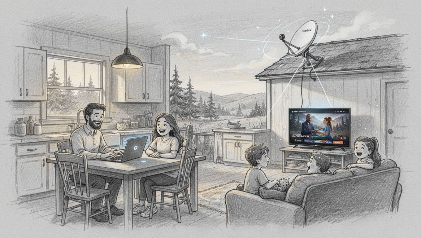 Hand-drawn graphite sketch on light gray paper depicting a happy family of four in a remote farmhouse kitchen: parents on Zoom via laptop, kids streaming on TV, Starlink dish on roof with clear sky view.