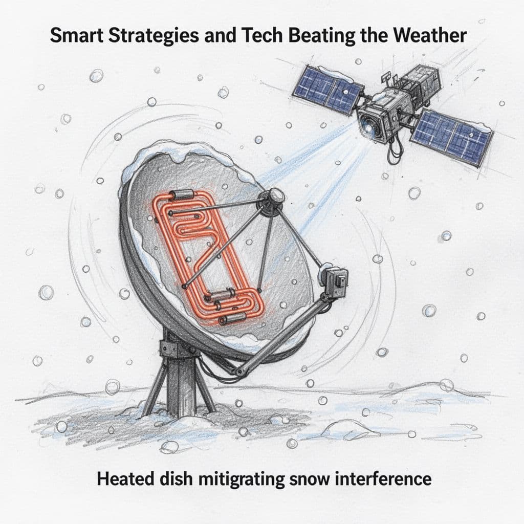 Hand-drawn graphite sketch of a satellite dish with active integrated snow-melting heater, ensuring clear strong signal waves from satellite despite surrounding light snow, subtle heating coils visible.