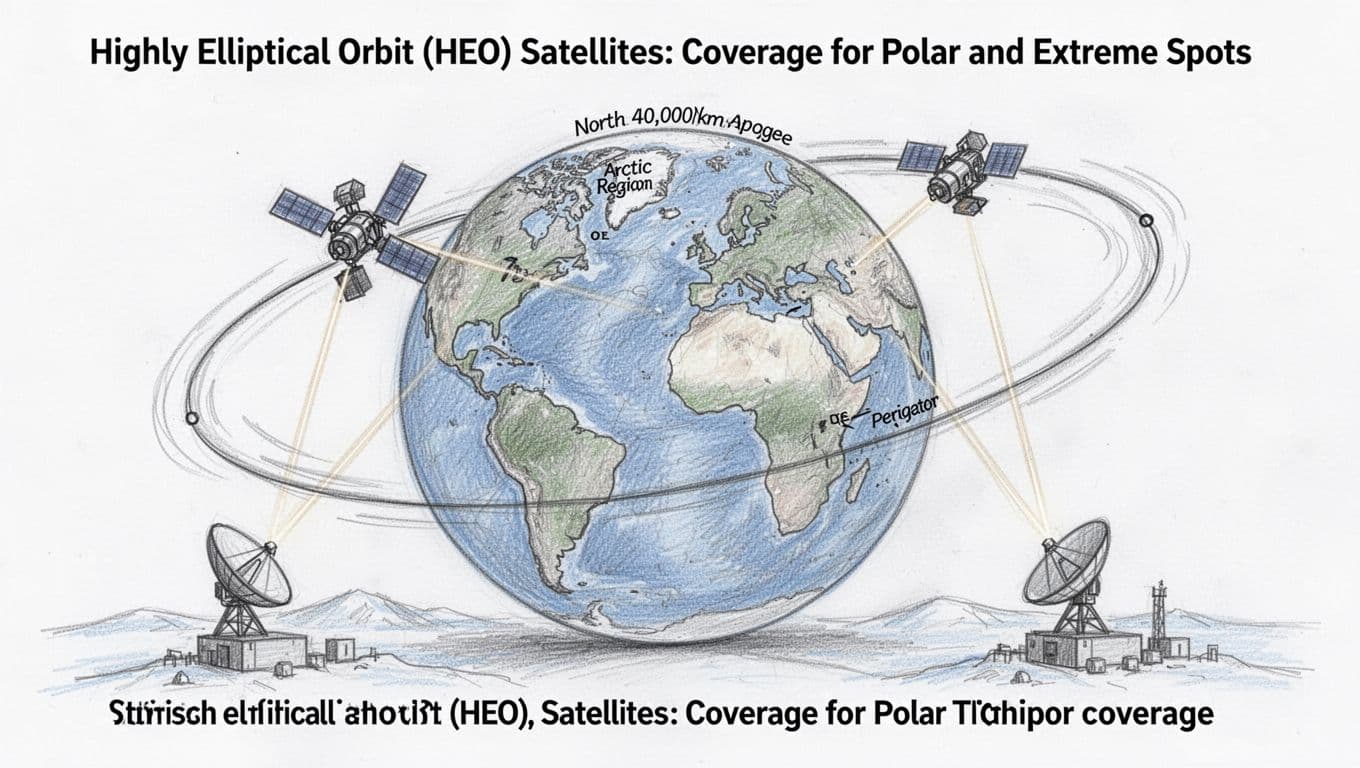 Hand-drawn graphite sketch of Earth globe with a single HEO satellite tracing a stretched elliptical orbit reaching 40,000 km apogee over the North Pole and Arctic, perigee over equator, with laser downlinks to polar ground stations.
