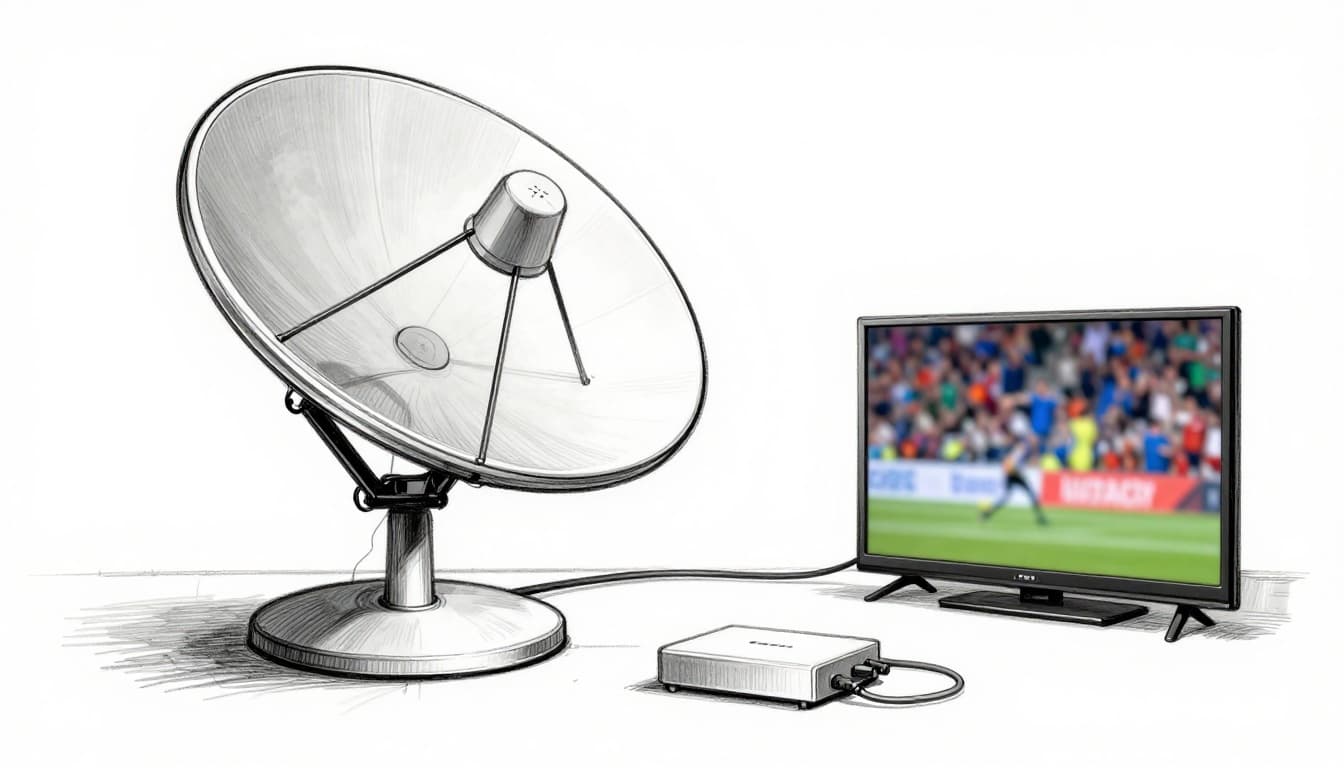 Hand-drawn sketch of a home satellite dish on the roof aligned to the sky, with LNB converter and cable connecting to an indoor set-top box and TV showing a blurred live sports broadcast. Graphite linework with light shading on a clean white background, landscape orientation.