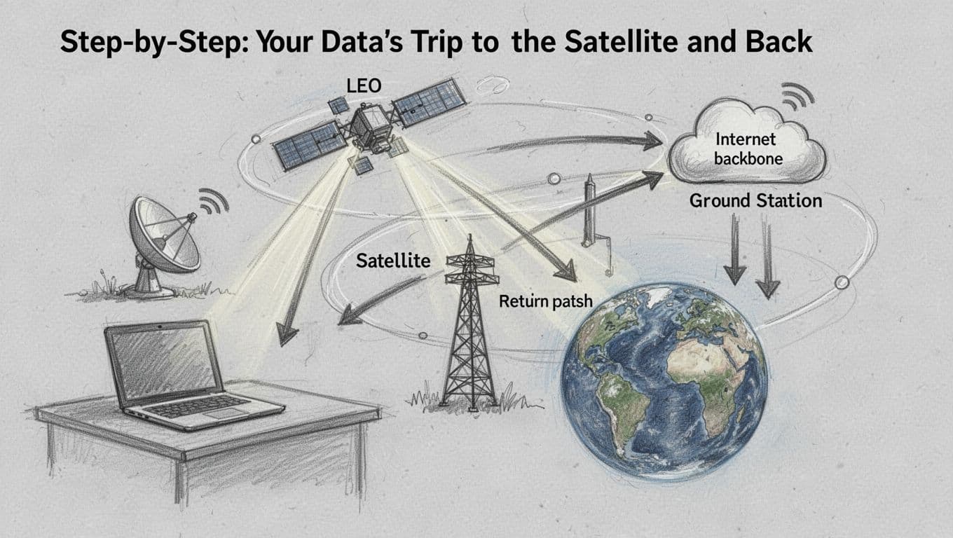 Hand-drawn graphite sketch on light gray paper showing a laptop on a desk connected by Wi-Fi to a satellite dish, with data beams to an orbiting LEO satellite, ground station tower, and internet cloud backbone, including return path arrows.