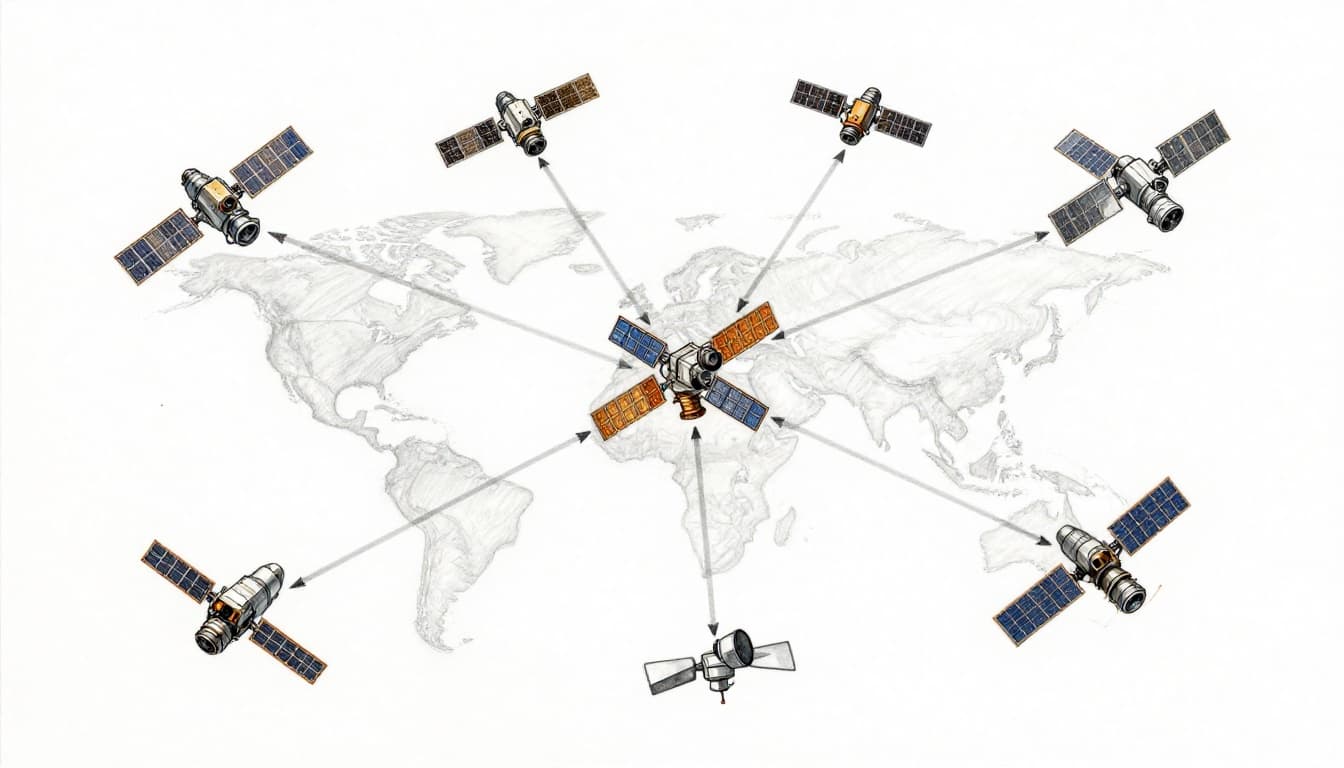 Hand-drawn graphite sketch of 12 LEO satellites in a constellation network, linked by laser beams orbiting Earth, with handoff arrows to ground stations and overlapping coverage zones ensuring continuous coverage.