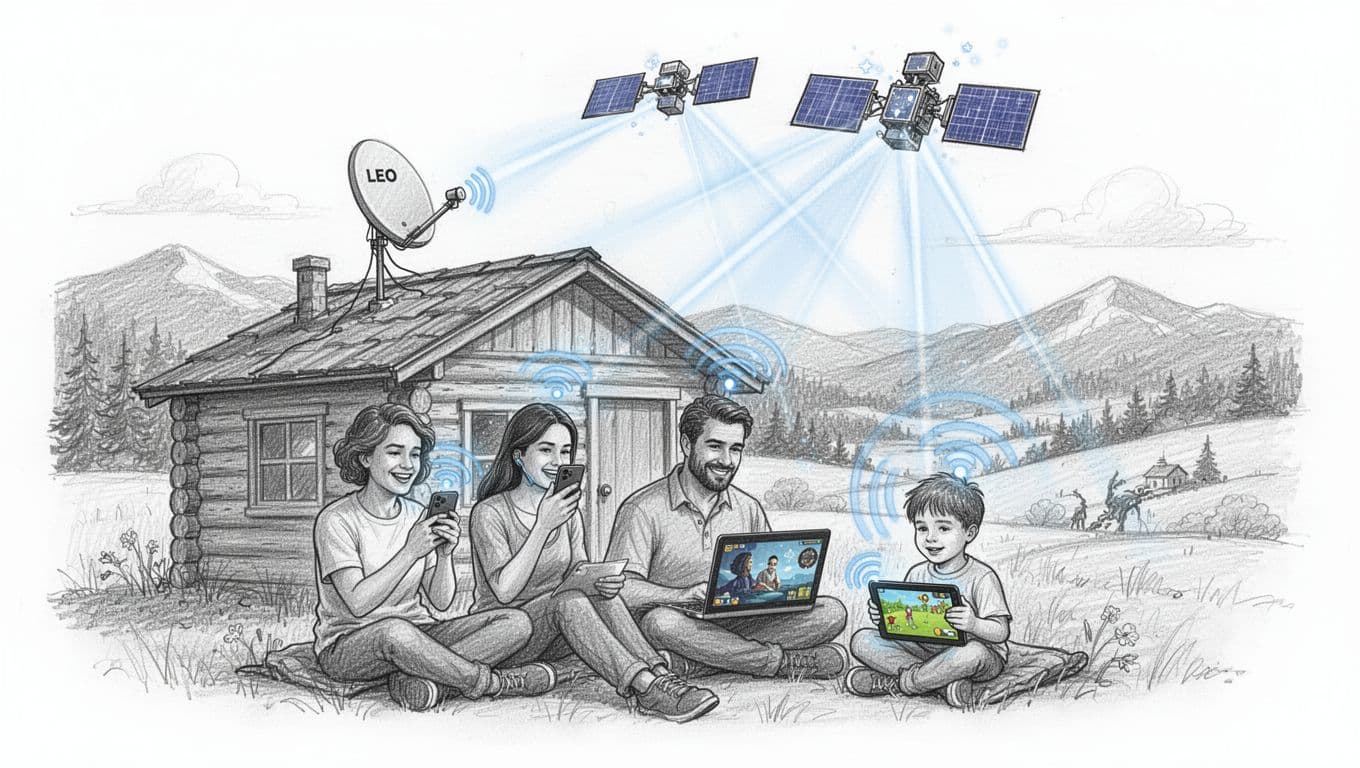 Hand-drawn sketch of a remote rural family in a countryside cabin utilizing LEO satellite internet for video calls, streaming, and gaming via a rooftop dish antenna, showcasing low latency connections in a scenic landscape.