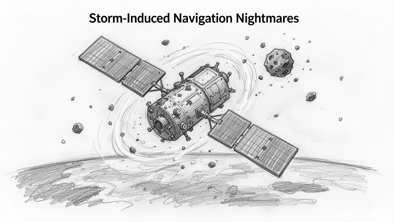 Hand-drawn graphite sketch of a satellite in low Earth orbit losing attitude control and tumbling due to uneven atmospheric drag from a geomagnetic storm's expanded hot thermosphere, with misaligned solar panels and one nearby small debris piece.