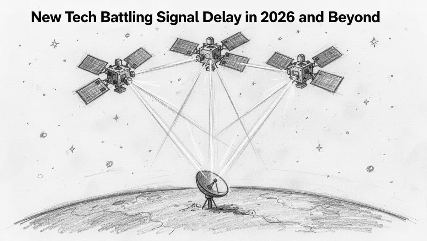 Cluster of three LEO satellites connected by thin laser beams, with one directing focused beams to a ground antenna on Earth showing beamforming, in hand-drawn graphite sketch style with light shading.